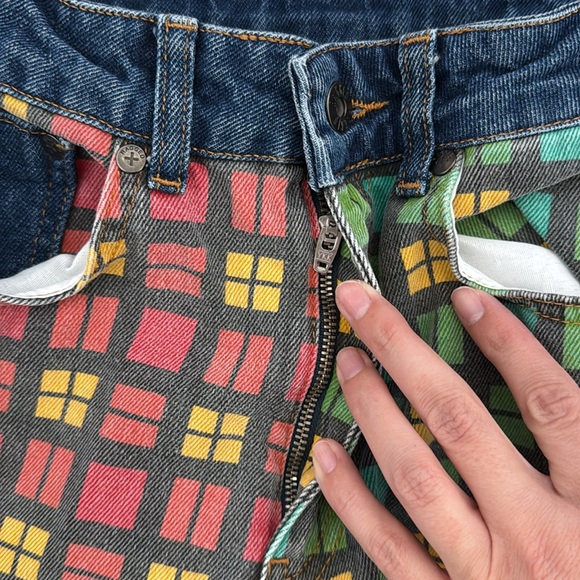 Ragged Priest x Free People plaid jeans red yellow blue green color block mom - Picture 6 of 9
